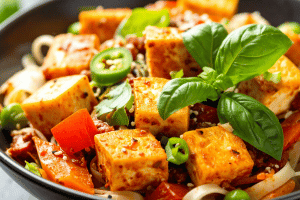 Tofu mit Gewürzen, Basilikum und Tomanen