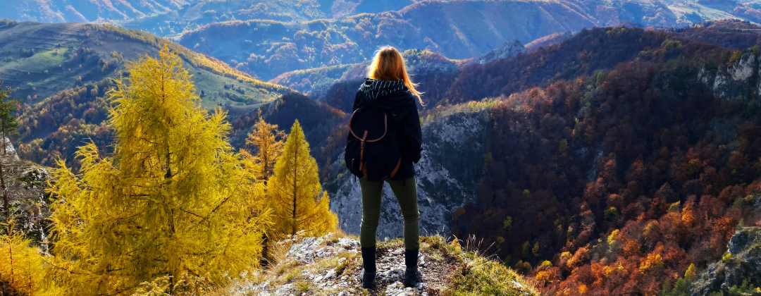 Frau ist am wandern, man sieht sie von hinten auf einem hohen Hügel