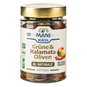 MANI Grüne & Kalamata Oliven mit Chili & Kräutern 205 g