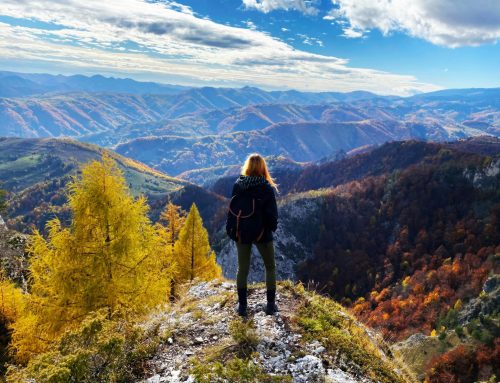 Frau am wandern, auf einem Hügel stehend sieht man sie von hinten
